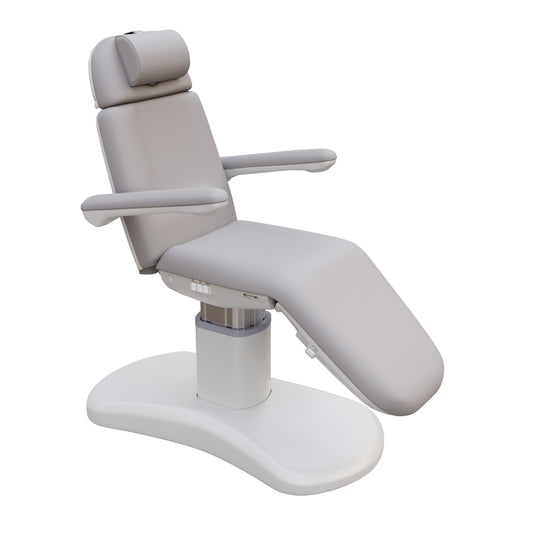 Spa Numa LUCENT 4 motor luxury electric treatment chair with pedestal base, Trendelenburg positioning, extendable headrest, and vegan leather upholstery—ideal for high-end spa, facial, and medical aesthetic procedures in compact treatment rooms.