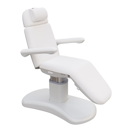 Spa Numa LUCENT 4 motor luxury electric treatment chair in vegan leather with pedestal base, reversible armrests, extendable headrest, and Trendelenburg position—ideal for high-end spa, salon, and aesthetic treatment procedures in compact spaces.