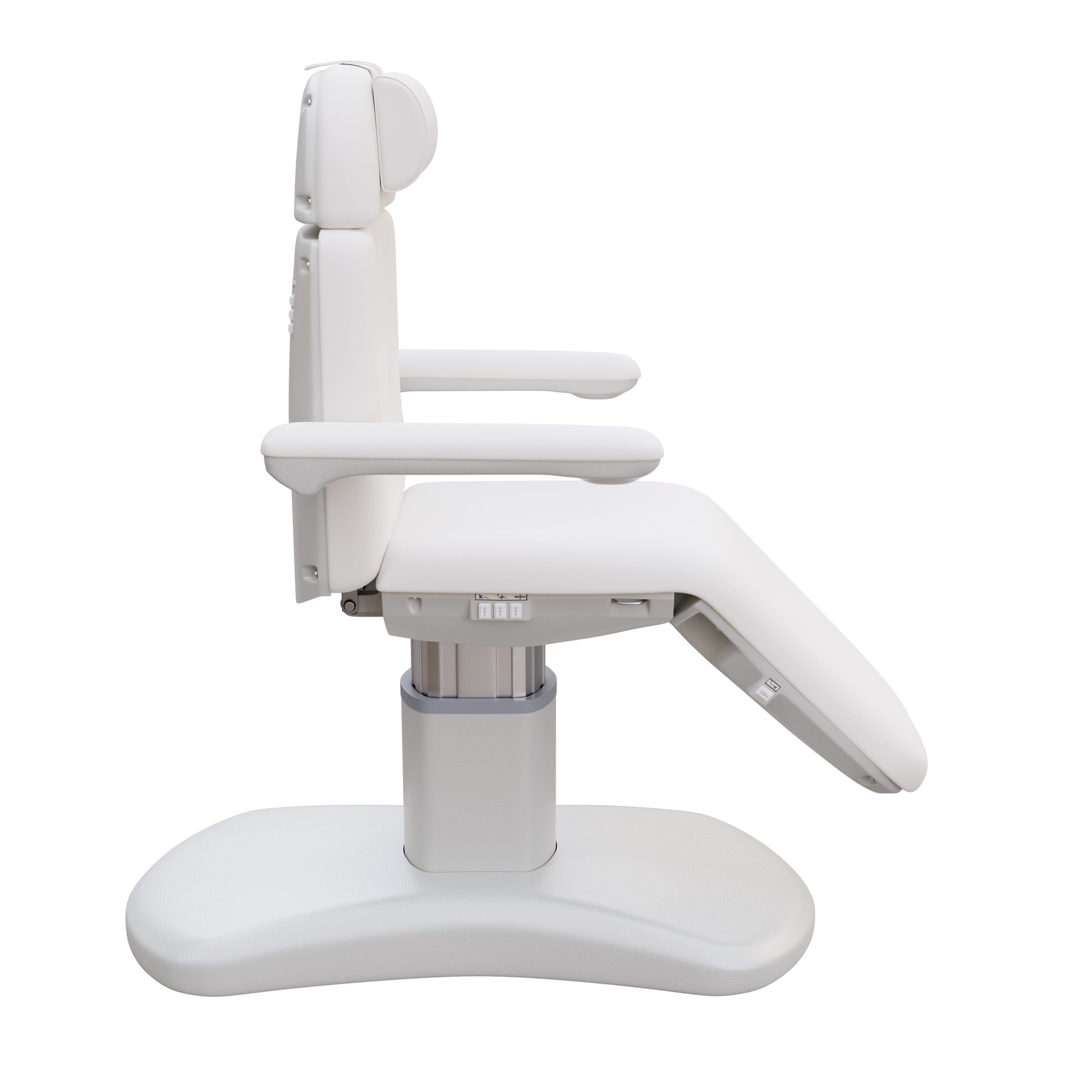Spa Numa LUCENT 4 motor luxury electric treatment chair in vegan leather with pedestal base, reversible armrests, extendable headrest, and Trendelenburg position—ideal for high-end spa, salon, and aesthetic treatment procedures in compact spaces.