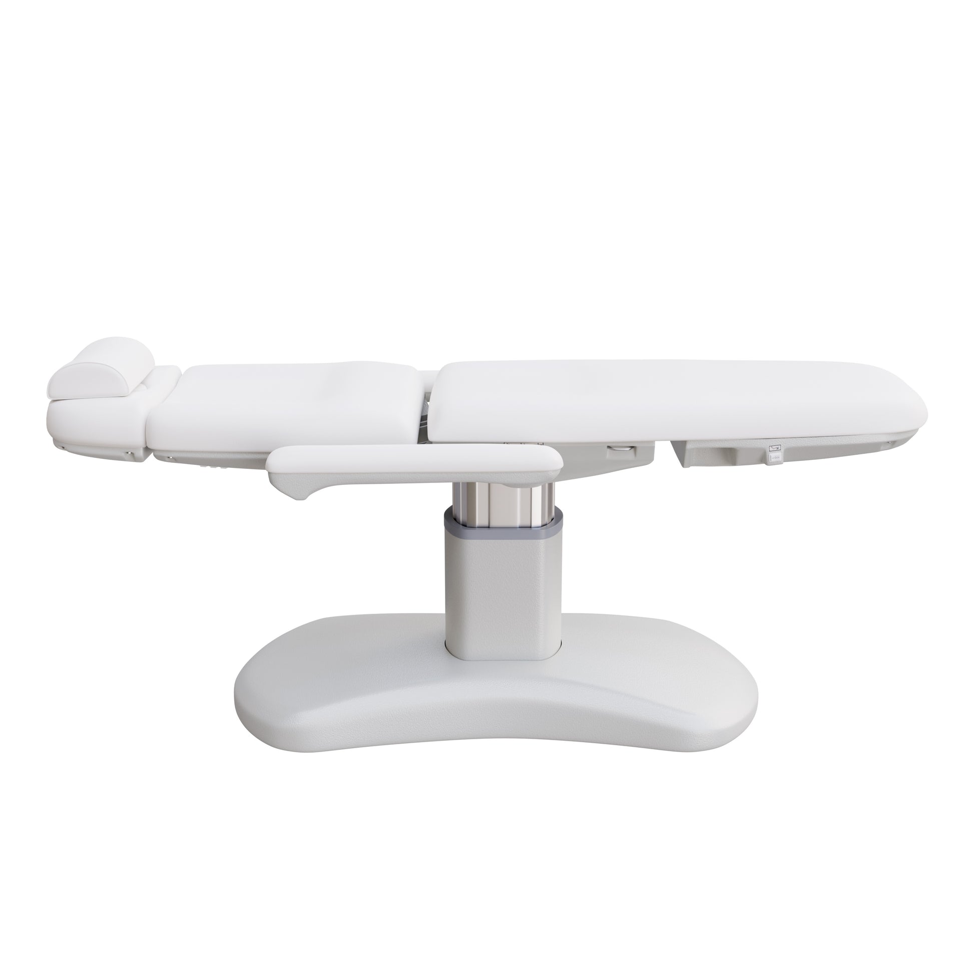 Spa Numa LUCENT 4 motor luxury electric treatment chair in vegan leather with pedestal base, reversible armrests, extendable headrest, and Trendelenburg position—ideal for high-end spa, salon, and aesthetic treatment procedures in compact spaces.