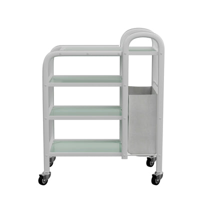 Spa Numa LUCY Dual 4 Tier Wax Glass Trolley with Tempered Glass Shelves and Side Laundry Hamper – Mobile Salon and Spa Storage Cart with Handles