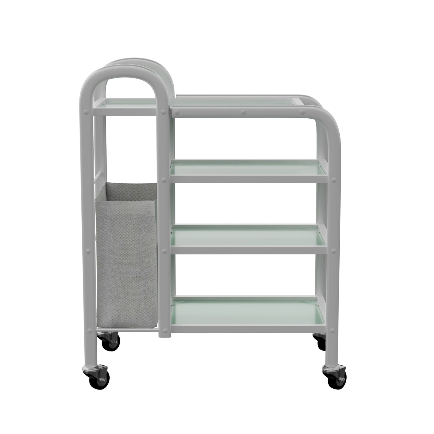 Spa Numa LUCY Dual 4 Tier Wax Glass Trolley with Tempered Glass Shelves and Side Laundry Hamper – Mobile Salon and Spa Storage Cart with Handles