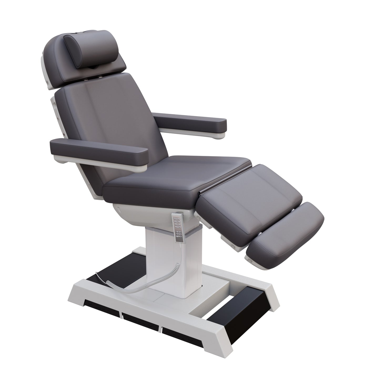 THE MEDICI heavy duty 4 motor medical grade electric pedestal treatment chair in dark gray or white – features memory remote, foot pedal controls, Trendelenburg tilt, removable armrests, and 450 lb. weight capacity for outpatient surgery and long medical procedures.