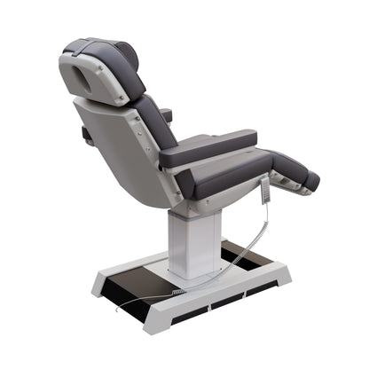 THE MEDICI heavy duty 4 motor medical grade electric pedestal treatment chair in dark gray or white – features memory remote, foot pedal controls, Trendelenburg tilt, removable armrests, and 450 lb. weight capacity for outpatient surgery and long medical procedures.