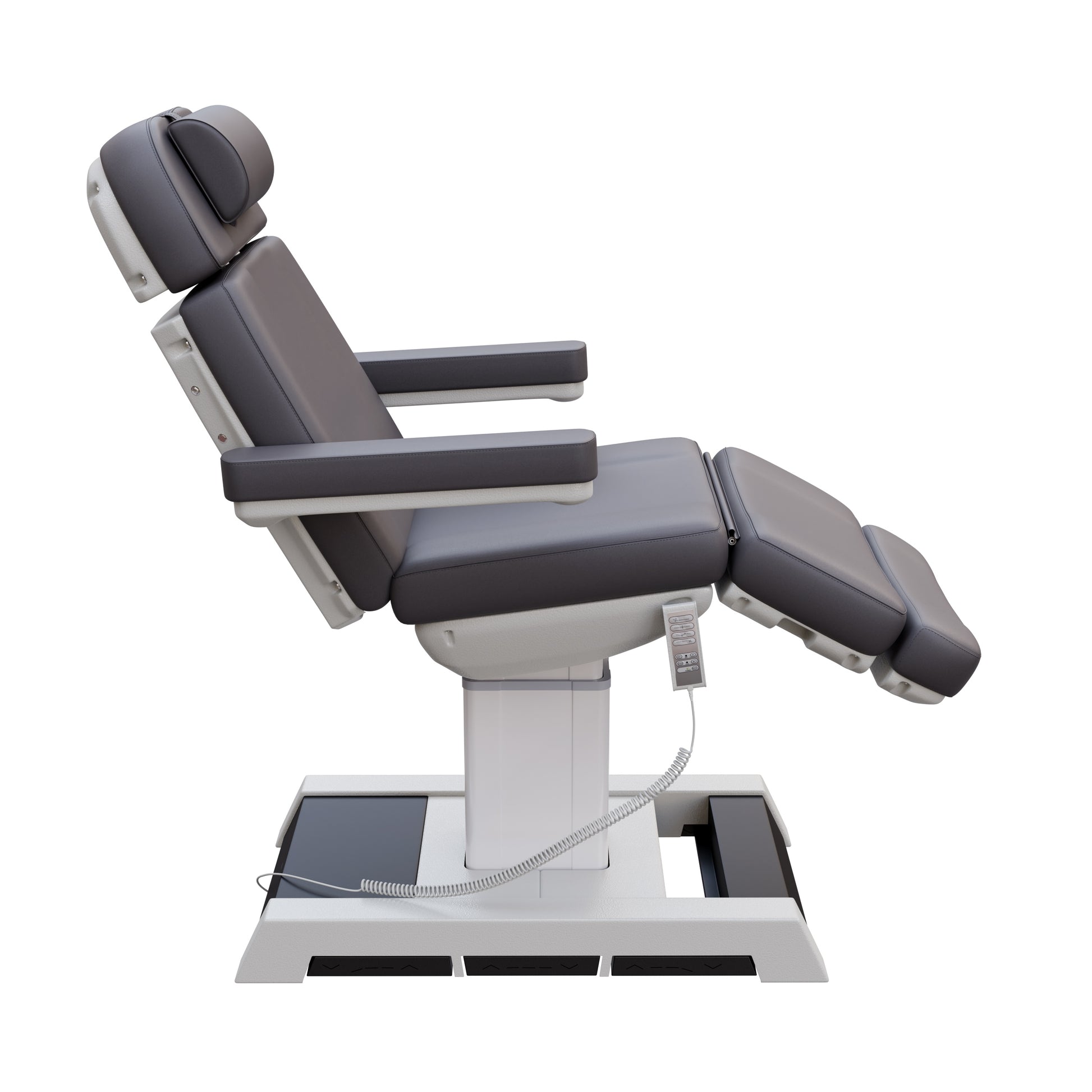THE MEDICI heavy duty 4 motor medical grade electric pedestal treatment chair in dark gray or white – features memory remote, foot pedal controls, Trendelenburg tilt, removable armrests, and 450 lb. weight capacity for outpatient surgery and long medical procedures.