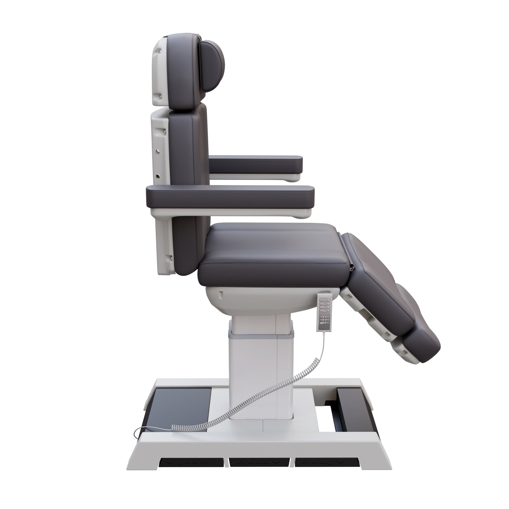 THE MEDICI heavy duty 4 motor medical grade electric pedestal treatment chair in dark gray or white – features memory remote, foot pedal controls, Trendelenburg tilt, removable armrests, and 450 lb. weight capacity for outpatient surgery and long medical procedures.