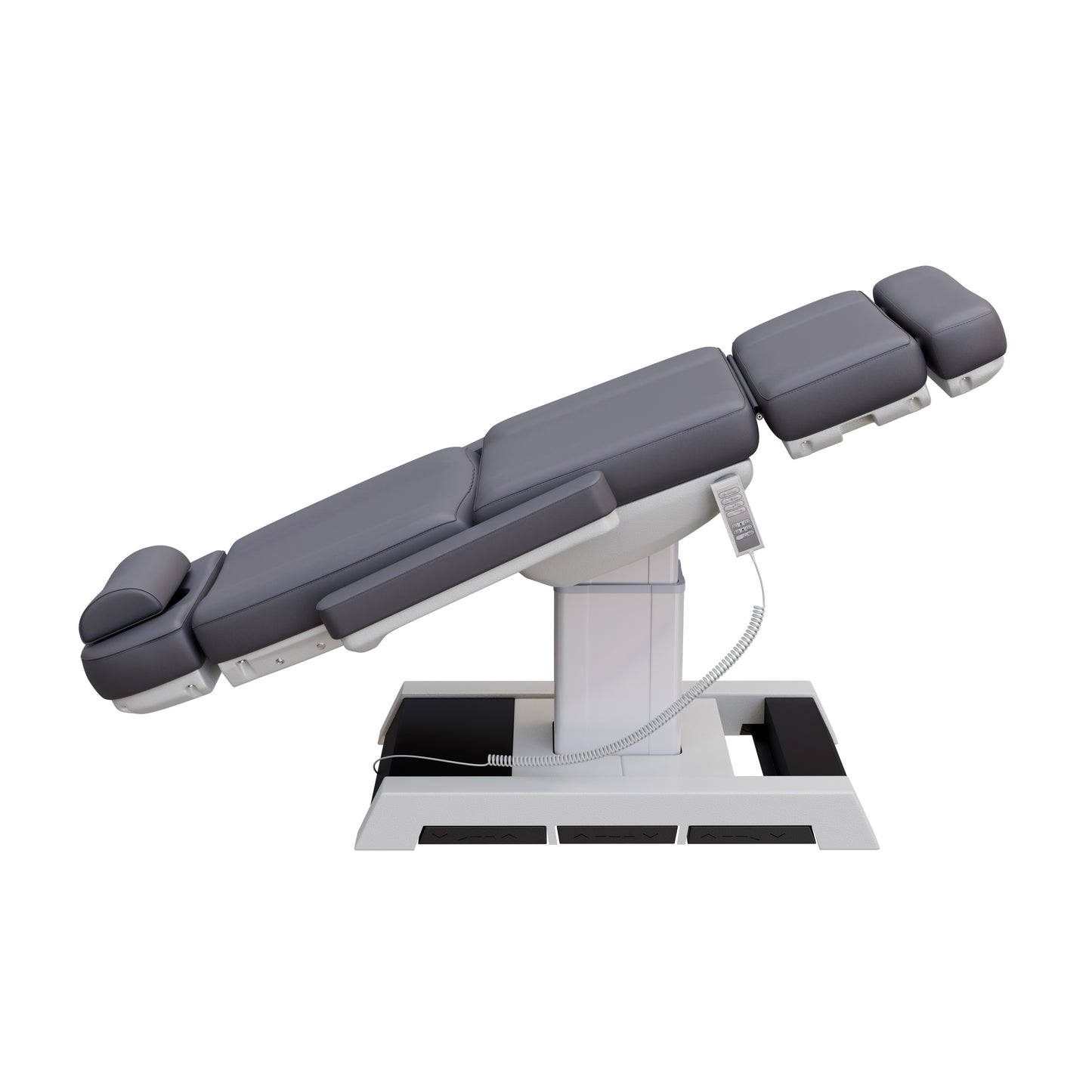 THE MEDICI heavy duty 4 motor medical grade electric pedestal treatment chair in dark gray or white – features memory remote, foot pedal controls, Trendelenburg tilt, removable armrests, and 450 lb. weight capacity for outpatient surgery and long medical procedures.