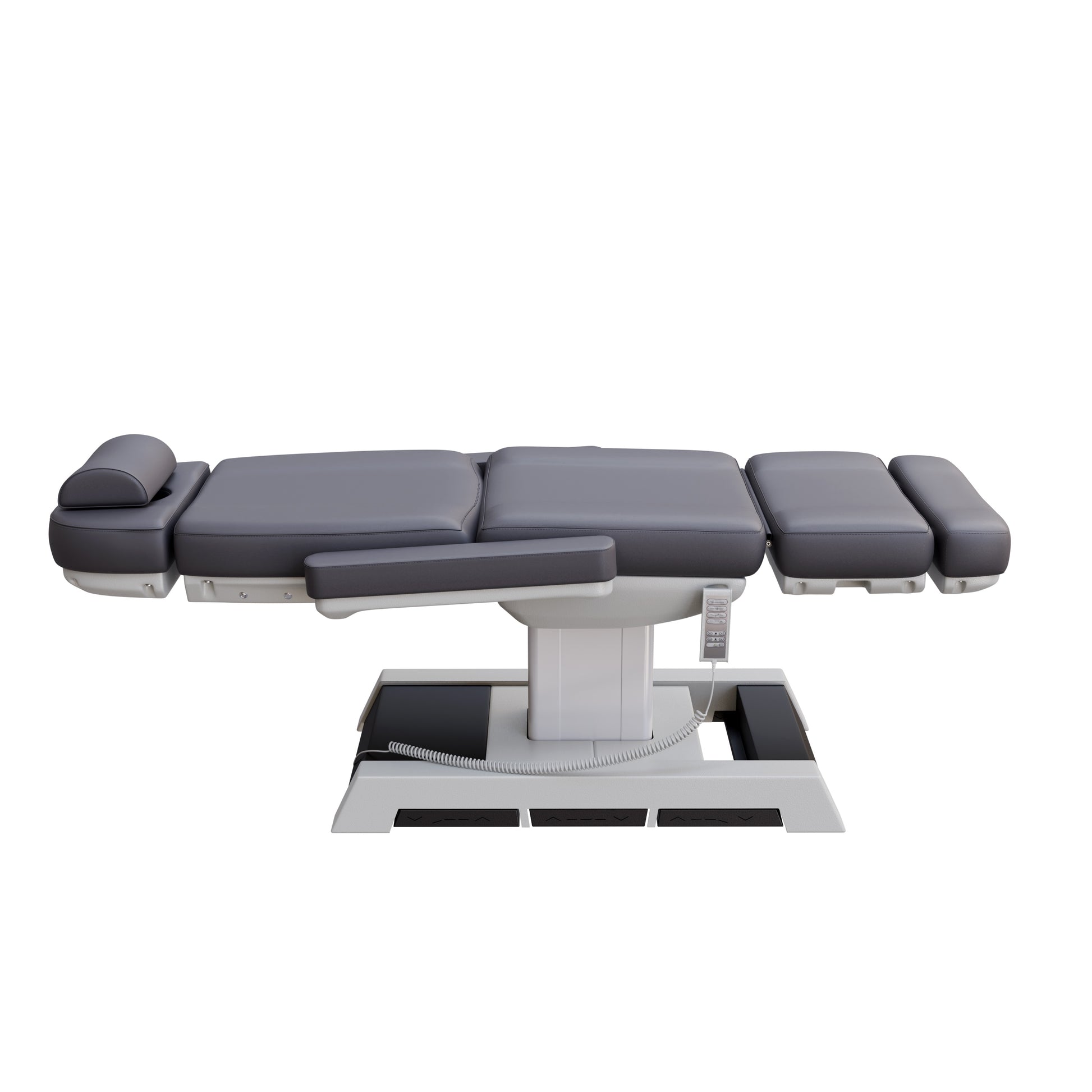 THE MEDICI heavy duty 4 motor medical grade electric pedestal treatment chair in dark gray or white – features memory remote, foot pedal controls, Trendelenburg tilt, removable armrests, and 450 lb. weight capacity for outpatient surgery and long medical procedures.