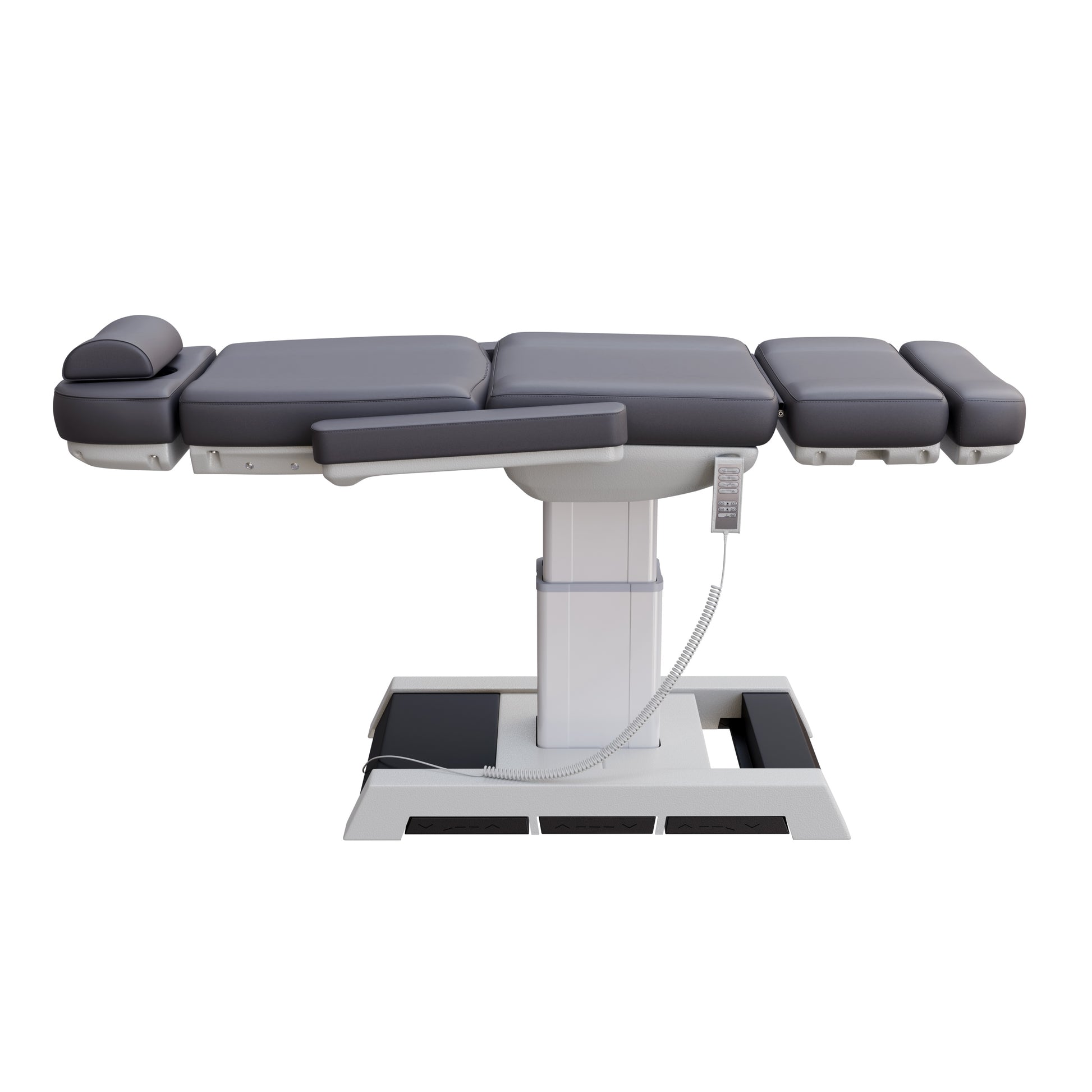 THE MEDICI heavy duty 4 motor medical grade electric pedestal treatment chair in dark gray or white – features memory remote, foot pedal controls, Trendelenburg tilt, removable armrests, and 450 lb. weight capacity for outpatient surgery and long medical procedures.