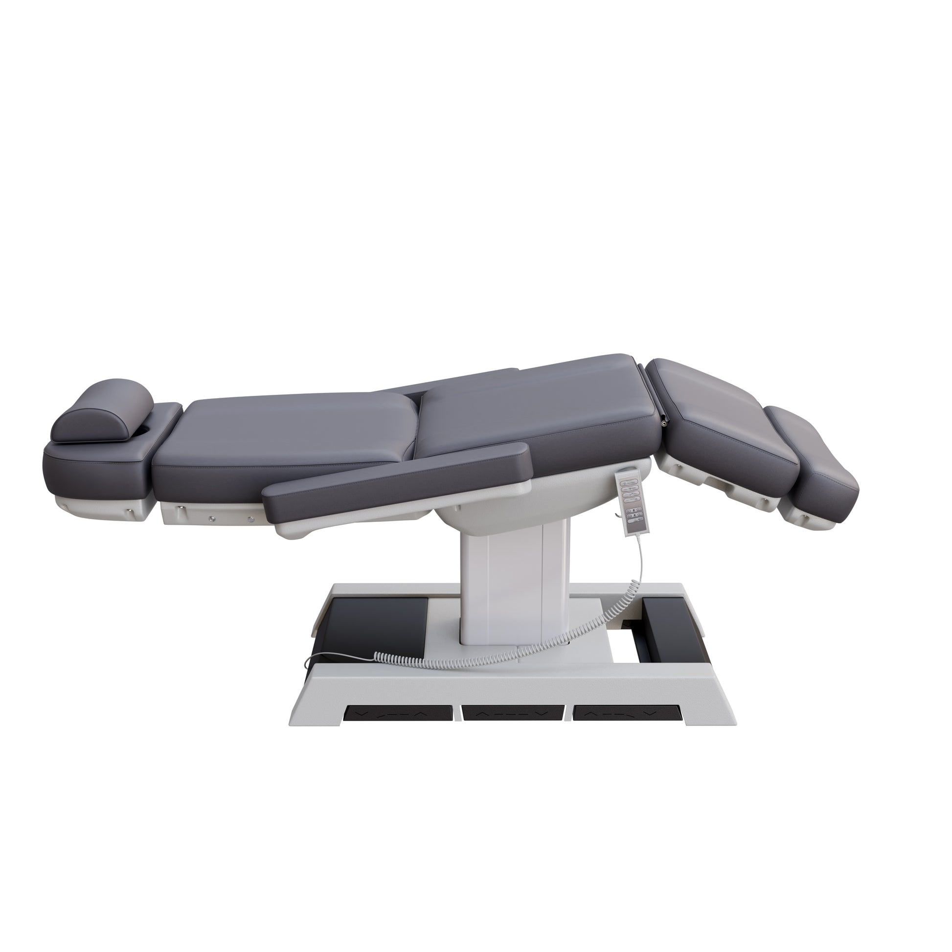 THE MEDICI heavy duty 4 motor medical grade electric pedestal treatment chair in dark gray or white – features memory remote, foot pedal controls, Trendelenburg tilt, removable armrests, and 450 lb. weight capacity for outpatient surgery and long medical procedures.