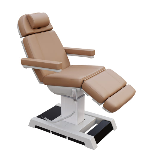 THE MEDICI heavy duty medical grade 4 motor electric treatment chair with memory remote and built-in foot pedals – adjustable height, backrest, footrest, and Trendelenburg tilt with removable armrests and wide extendable headrest – 450 lb. capacity for outpatient surgery and medical clinics.