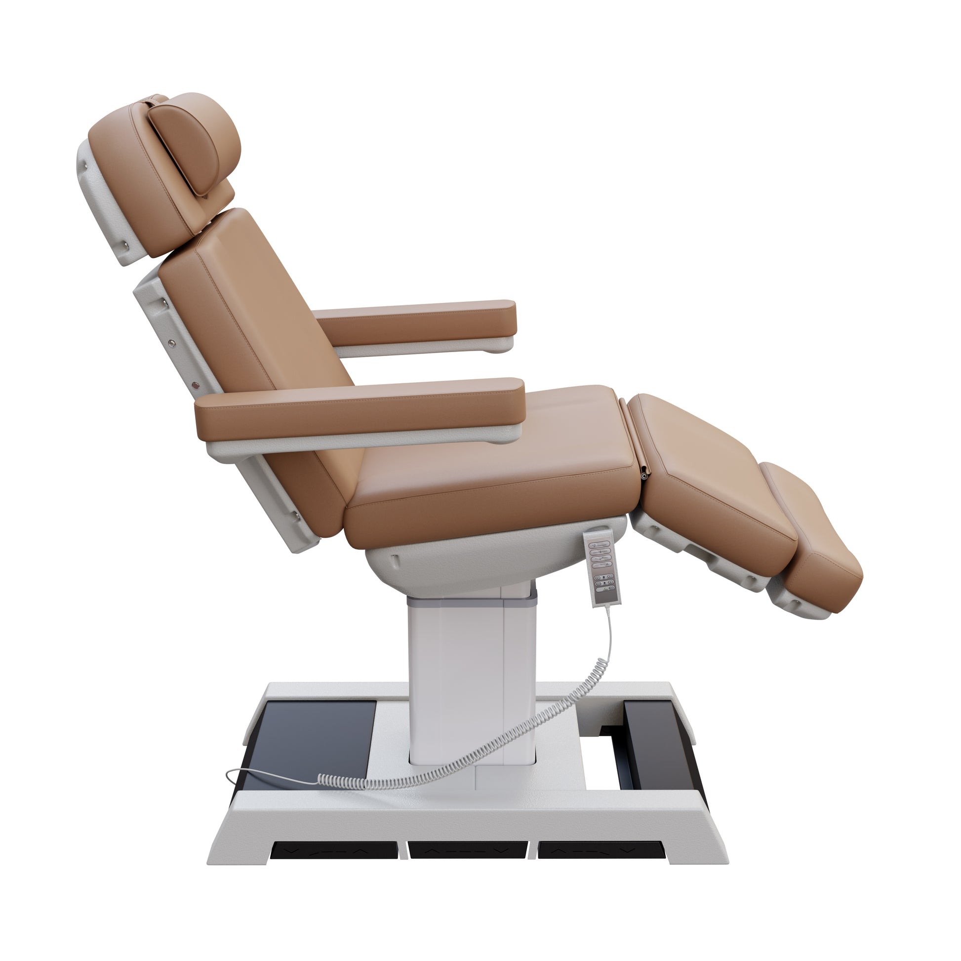 THE MEDICI heavy duty medical grade 4 motor electric treatment chair with memory remote and built-in foot pedals – adjustable height, backrest, footrest, and Trendelenburg tilt with removable armrests and wide extendable headrest – 450 lb. capacity for outpatient surgery and medical clinics.
