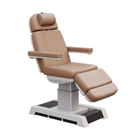 NEW MEDICI heavy duty medical grade 4 motor electric treatment chair with memory controls and LED-lit buttons – adjustable height, backrest, footrest, and tilt with removable armrests and wide extendable headrest – 450 lb. capacity for outpatient surgery and medical clinics.