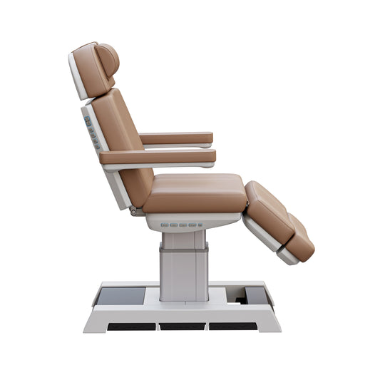 NEW MEDICI heavy duty medical grade 4 motor electric treatment chair with memory controls and LED-lit buttons – adjustable height, backrest, footrest, and tilt with removable armrests and wide extendable headrest – 450 lb. capacity for outpatient surgery and medical clinics.