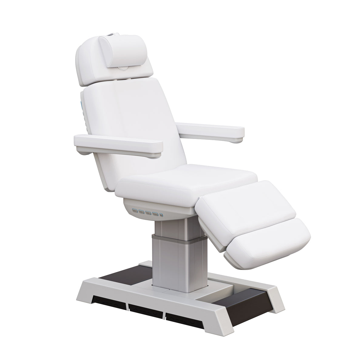 NEW MEDICI heavy duty medical grade 4 motor electric treatment chair with memory controls and LED-lit buttons – adjustable height, backrest, footrest, and tilt with removable armrests, wide headrest, and 450 lb. weight capacity for outpatient surgery and medical clinics.