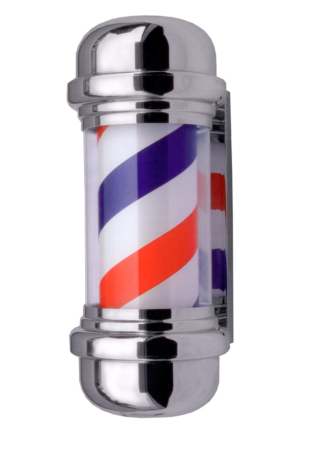 A vertical, electric-operated barber pole with a red, white, and blue striped pattern on a silver pole, and a round, silver cap on top.
