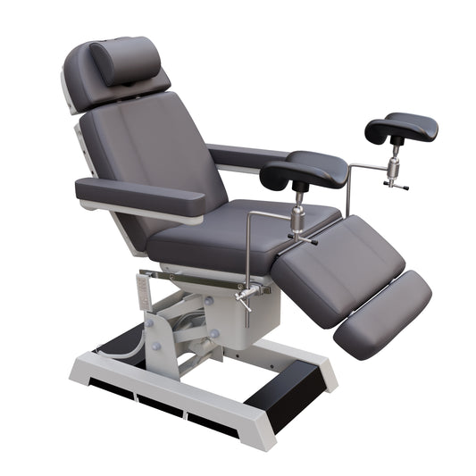 Fully electric Spa Numa MILANO OB-GYN chair with stirrups – 4 motor medical-grade treatment chair with adjustable height, tilt, backrest, and footrest, built-in foot pedals, and easy-to-clean vinyl for outpatient procedures.