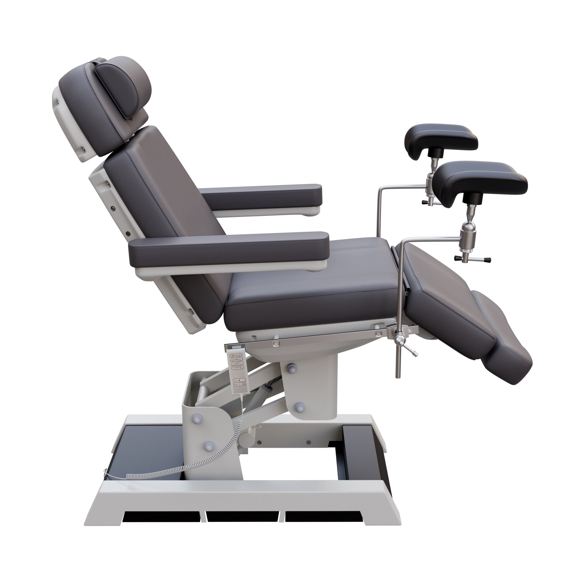 Fully electric Spa Numa MILANO OB-GYN chair with stirrups – 4 motor medical-grade treatment chair with adjustable height, tilt, backrest, and footrest, built-in foot pedals, and easy-to-clean vinyl for outpatient procedures.