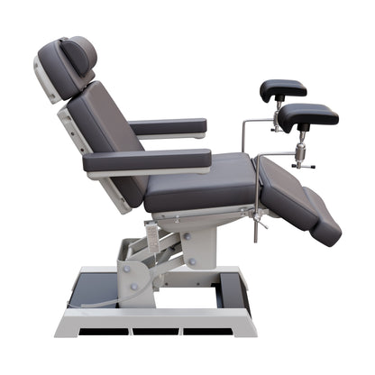 Fully electric Spa Numa MILANO OB-GYN chair with stirrups – 4 motor medical-grade treatment chair with adjustable height, tilt, backrest, and footrest, built-in foot pedals, and easy-to-clean vinyl for outpatient procedures.