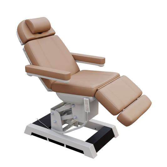 Spa Numa MILANO 4 motor medical-grade electric treatment chair with built-in foot pedal controls – adjustable height, backrest, footrest, and Trendelenburg tilt – removable armrests and high-capacity support for clinical and spa use.