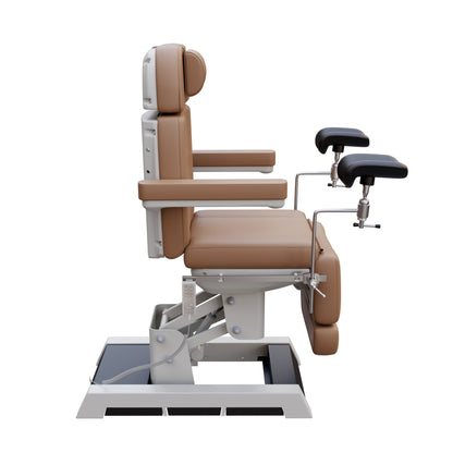 Medical-grade Spa Numa MILANO OB-GYN treatment chair with electric height, tilt, footrest, and backrest adjustment – includes stirrups, side foot controls, and cushioned support for outpatient procedures.
