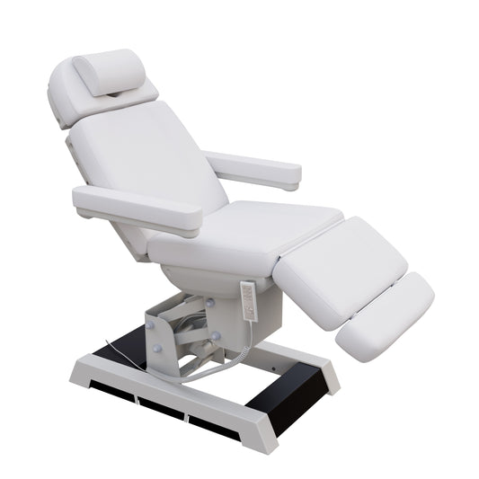 Spa Numa MILANO medical grade 4 motor electric pedestal chair with built-in foot controls – adjustable height, backrest, footrest, and tilt – removable armrests and face hole for spa, medical, and aesthetic treatments.