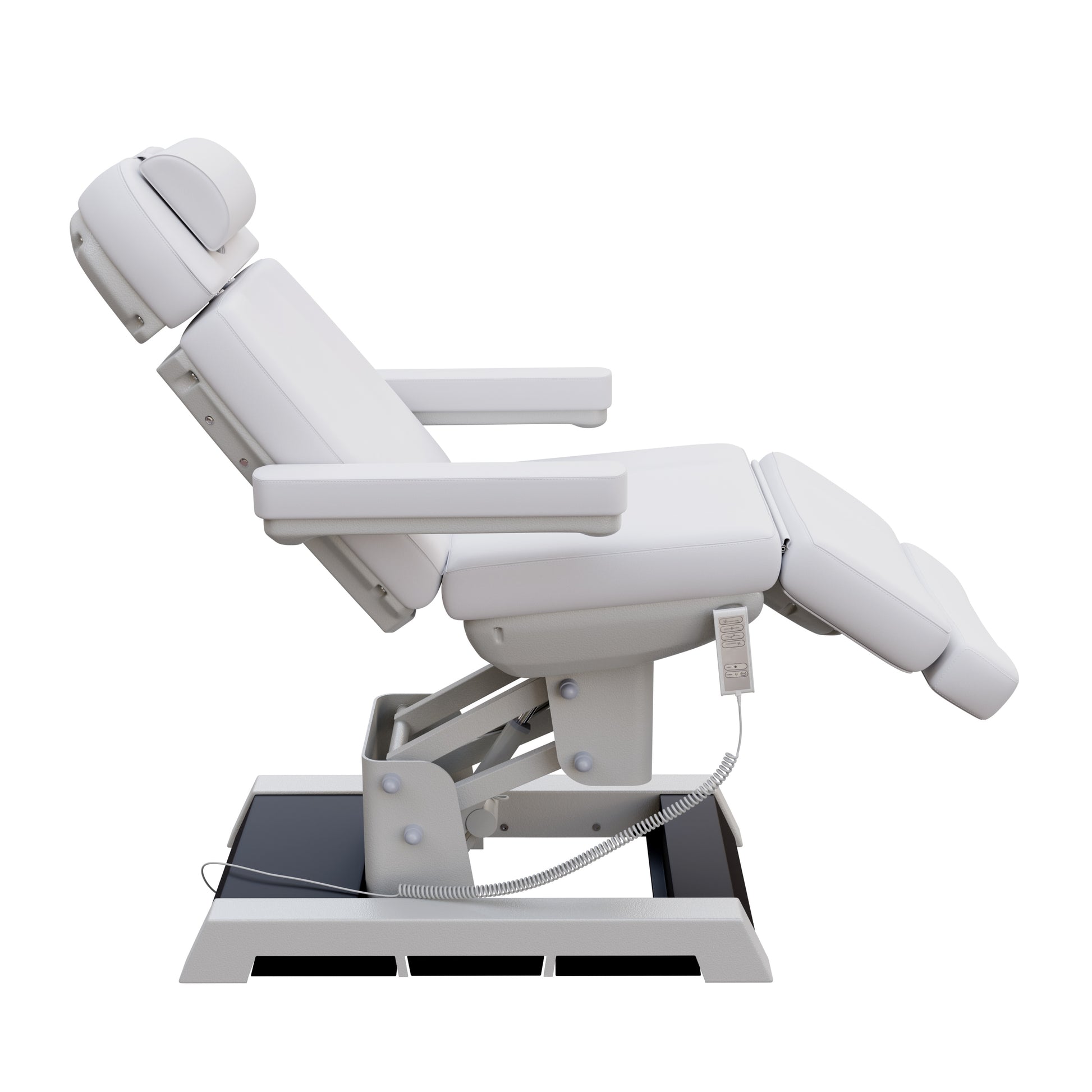 Spa Numa MILANO medical grade 4 motor electric pedestal chair with built-in foot controls – adjustable height, backrest, footrest, and tilt – removable armrests and face hole for spa, medical, and aesthetic treatments.