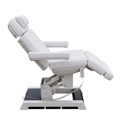 Spa Numa MILANO medical grade 4 motor electric pedestal chair with built-in foot controls – adjustable height, backrest, footrest, and tilt – removable armrests and face hole for spa, medical, and aesthetic treatments.