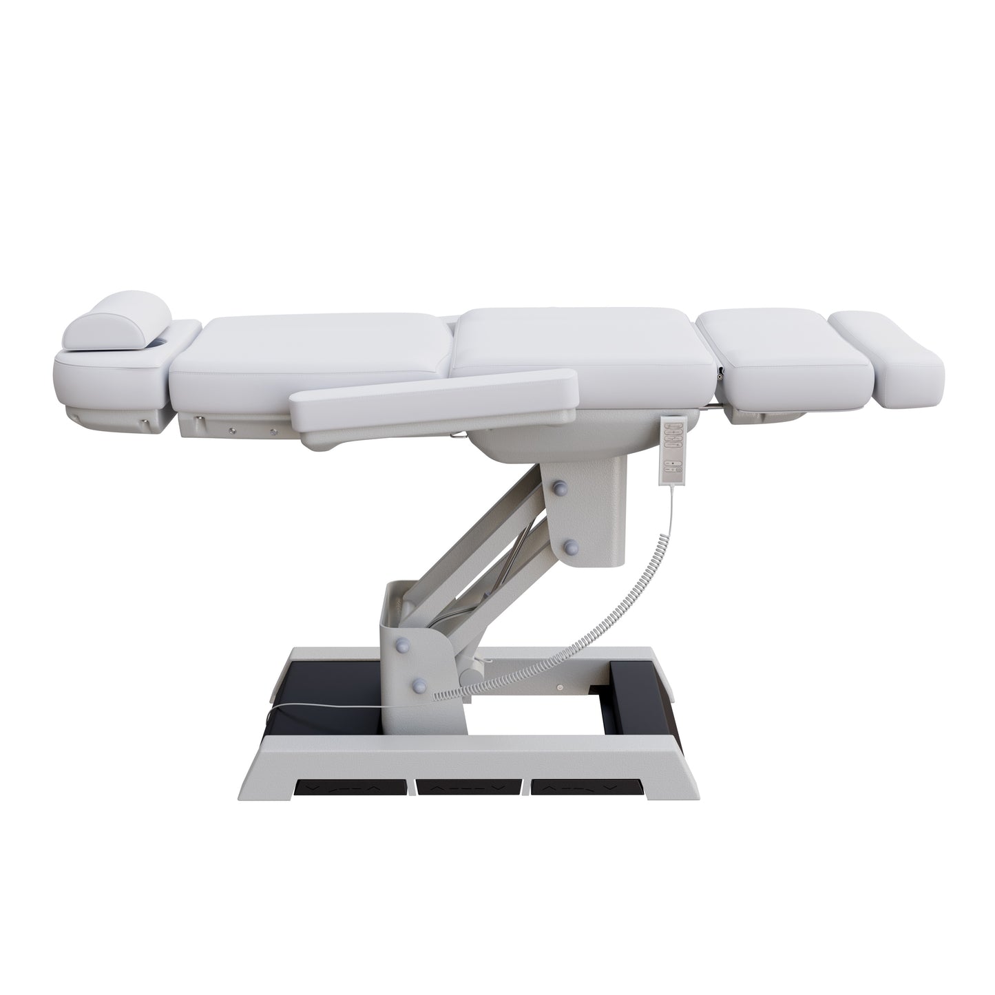 Spa Numa MILANO medical grade 4 motor electric pedestal chair with built-in foot controls – adjustable height, backrest, footrest, and tilt – removable armrests and face hole for spa, medical, and aesthetic treatments.