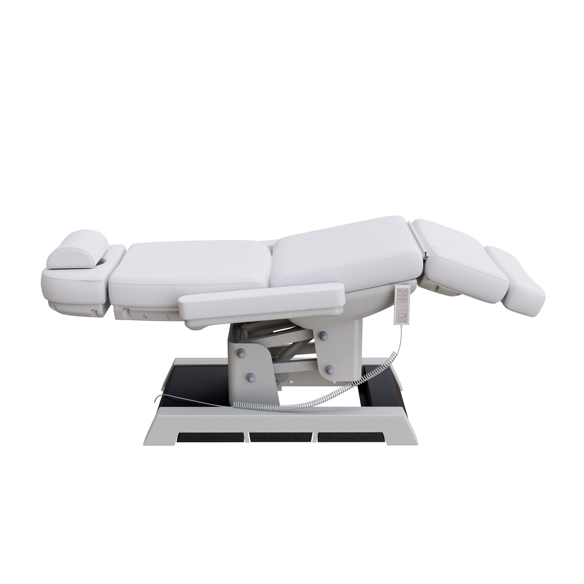 Spa Numa MILANO medical grade 4 motor electric pedestal chair with built-in foot controls – adjustable height, backrest, footrest, and tilt – removable armrests and face hole for spa, medical, and aesthetic treatments.