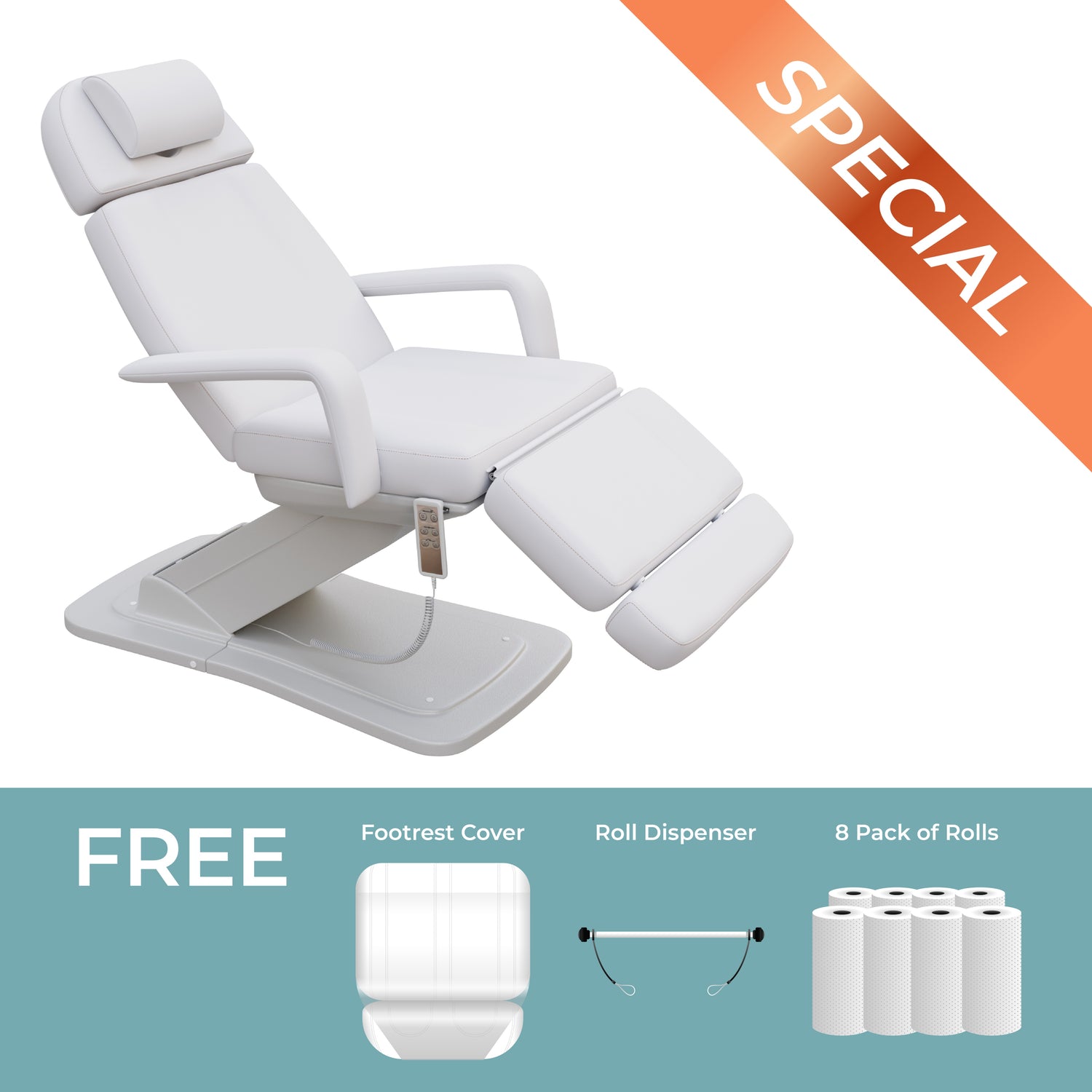 Spa Numa MINO luxury three motor electric treatment chair with adjustable height, tilt, and backrest, removable armrests, facial hole, and sleek modern base for spas, med spas, and aesthetic clinics.