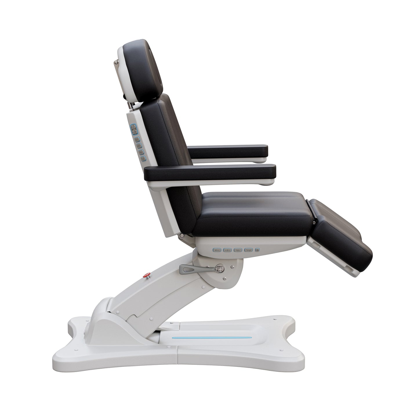 Spa Numa SERENITY 4 motor electric treatment chair in medical black vegan leather with 240-degree rotation, ADA-compliant 20-inch seat height, adjustable headrest, removable armrests, and LED-lit controls—ideal for aesthetic procedures, post-op evaluations, and outpatient treatments.