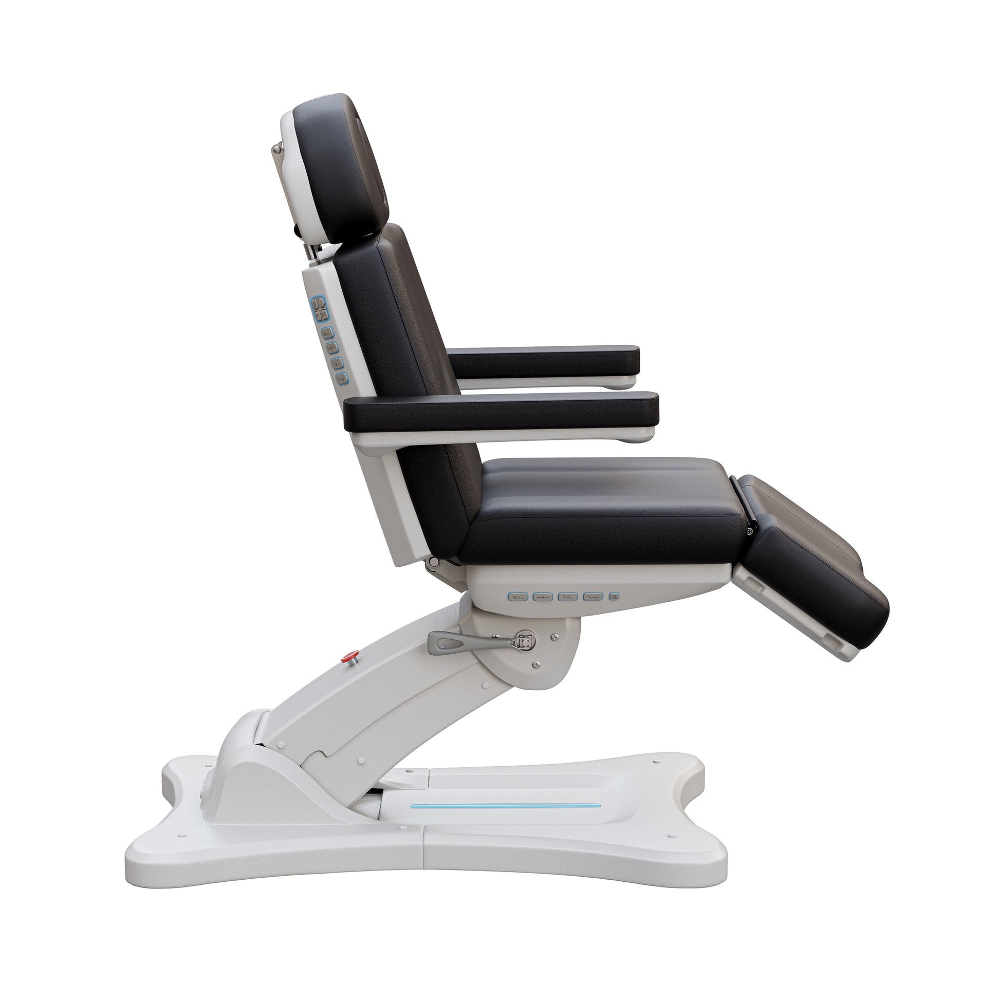 Spa Numa SERENITY 4 motor electric treatment chair in medical black vegan leather with 240-degree rotation, ADA-compliant 20-inch seat height, adjustable headrest, removable armrests, and LED-lit controls—ideal for aesthetic procedures, post-op evaluations, and outpatient treatments.