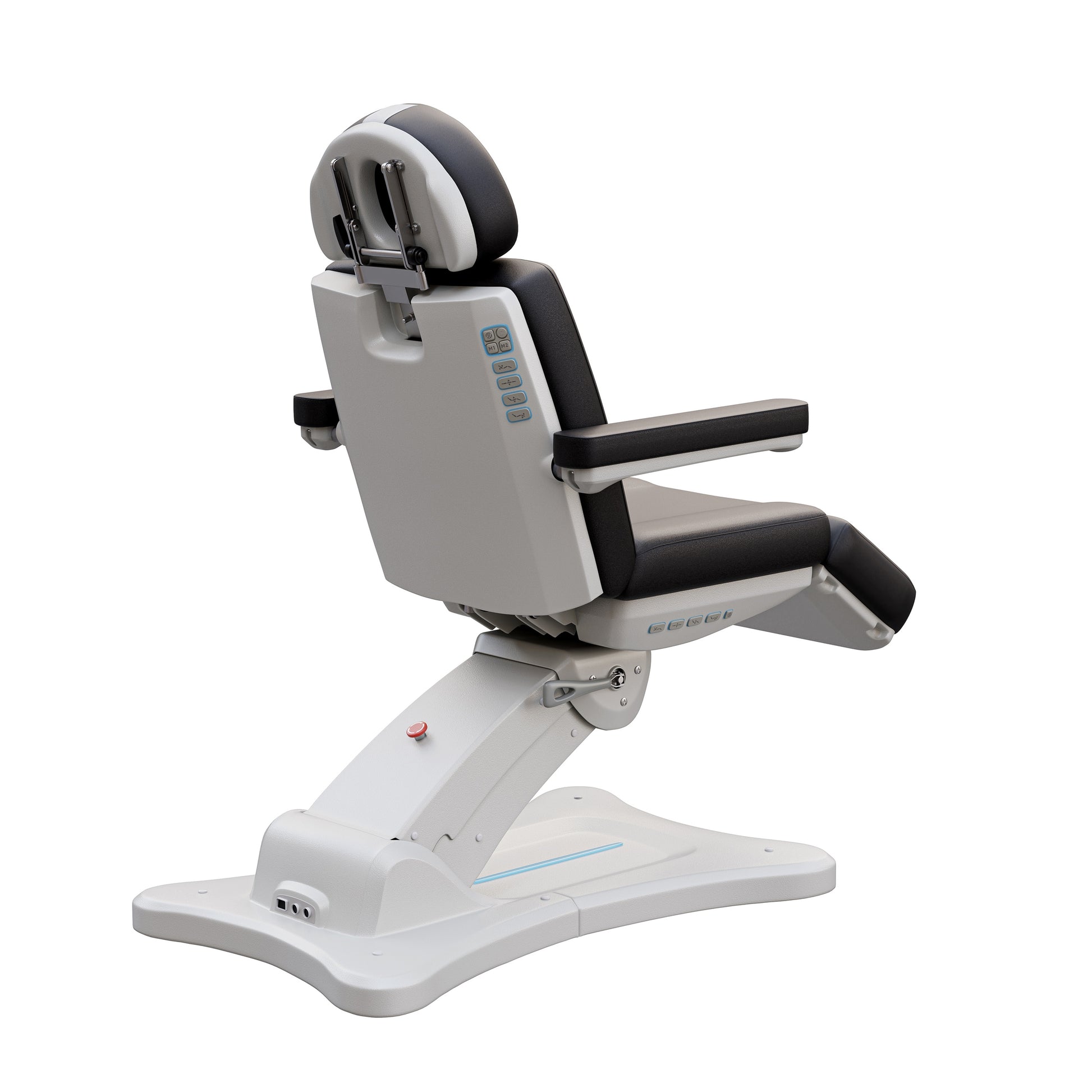 Spa Numa SERENITY 4 motor electric treatment chair in medical black vegan leather with 240-degree rotation, ADA-compliant 20-inch seat height, adjustable headrest, removable armrests, and LED-lit controls—ideal for aesthetic procedures, post-op evaluations, and outpatient treatments.