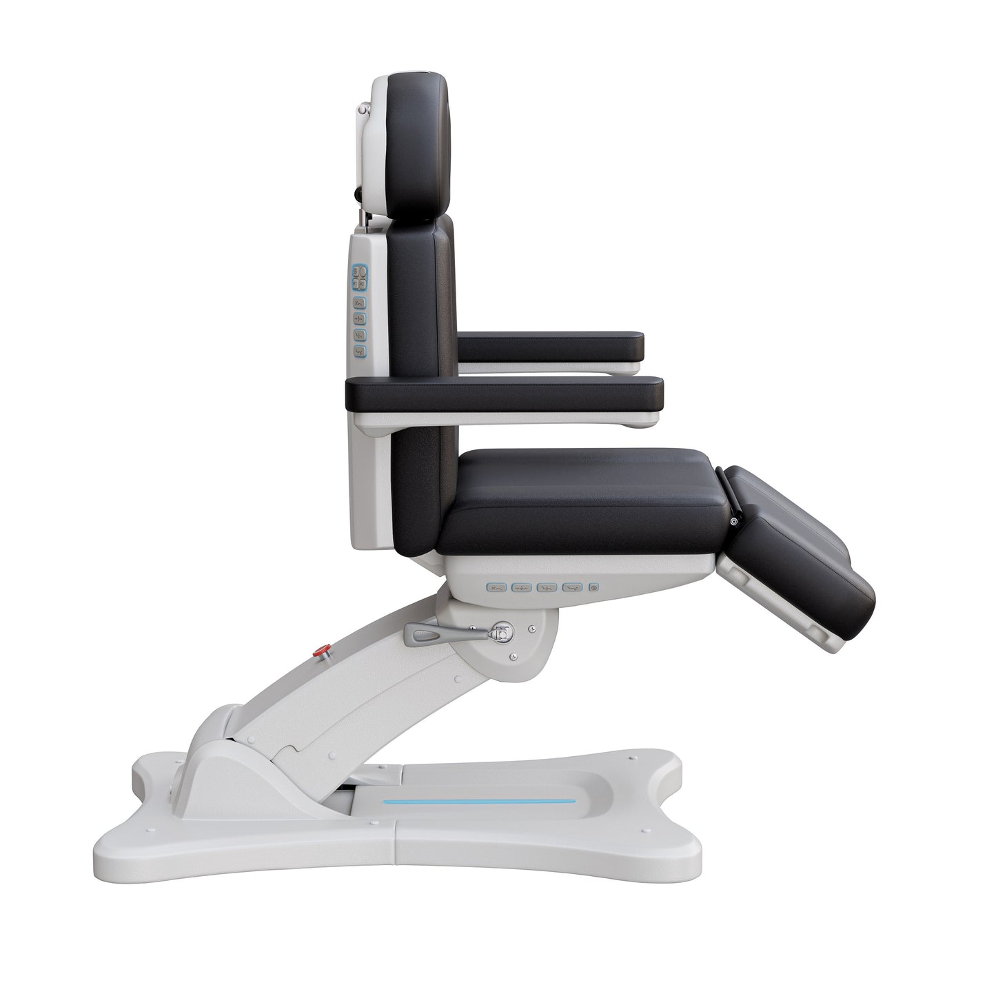 Spa Numa SERENITY 4 motor electric treatment chair in medical black vegan leather with 240-degree rotation, ADA-compliant 20-inch seat height, adjustable headrest, removable armrests, and LED-lit controls—ideal for aesthetic procedures, post-op evaluations, and outpatient treatments.