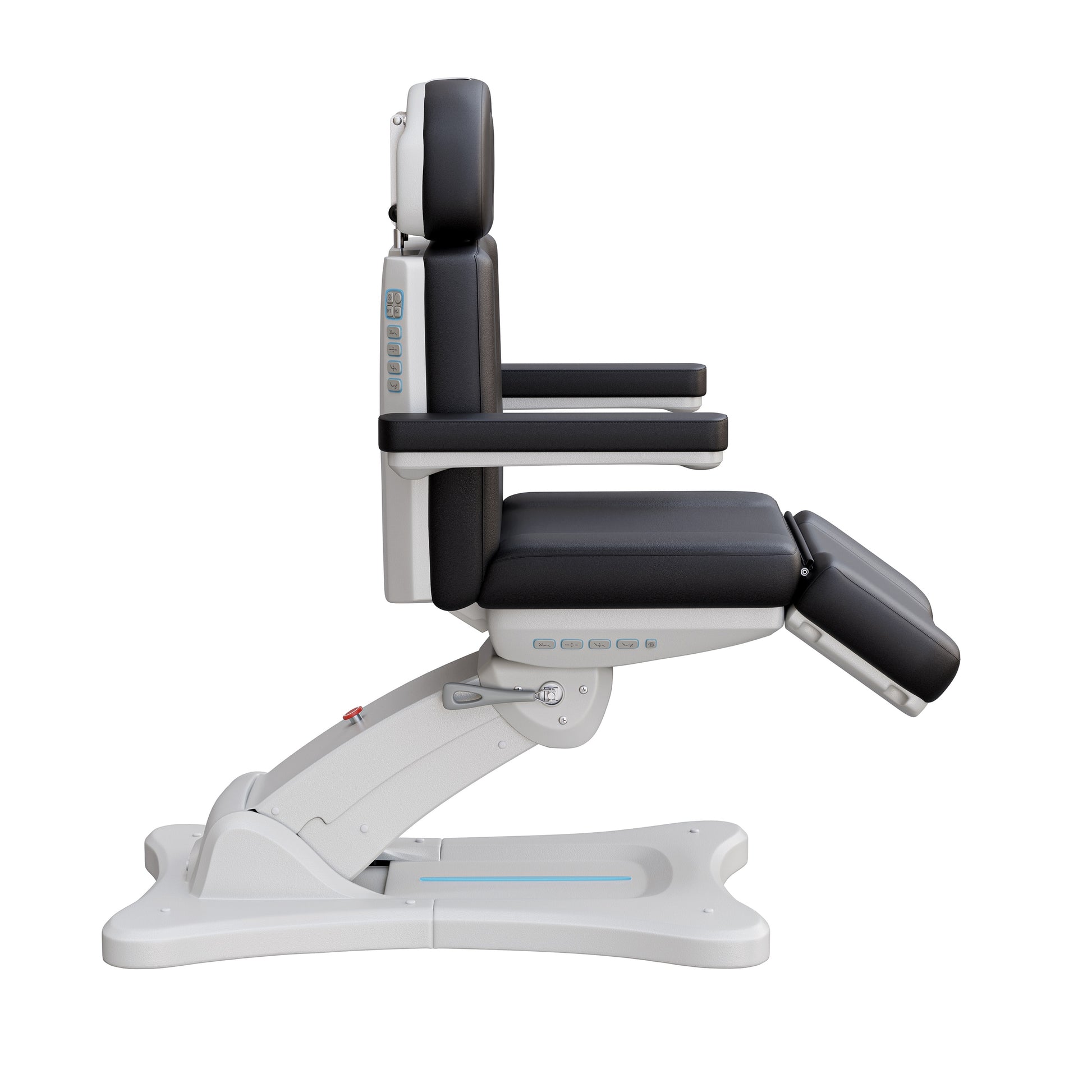 Spa Numa SERENITY 4 motor electric treatment chair in medical black vegan leather with 240-degree rotation, ADA-compliant 20-inch seat height, adjustable headrest, removable armrests, and LED-lit controls—ideal for aesthetic procedures, post-op evaluations, and outpatient treatments.