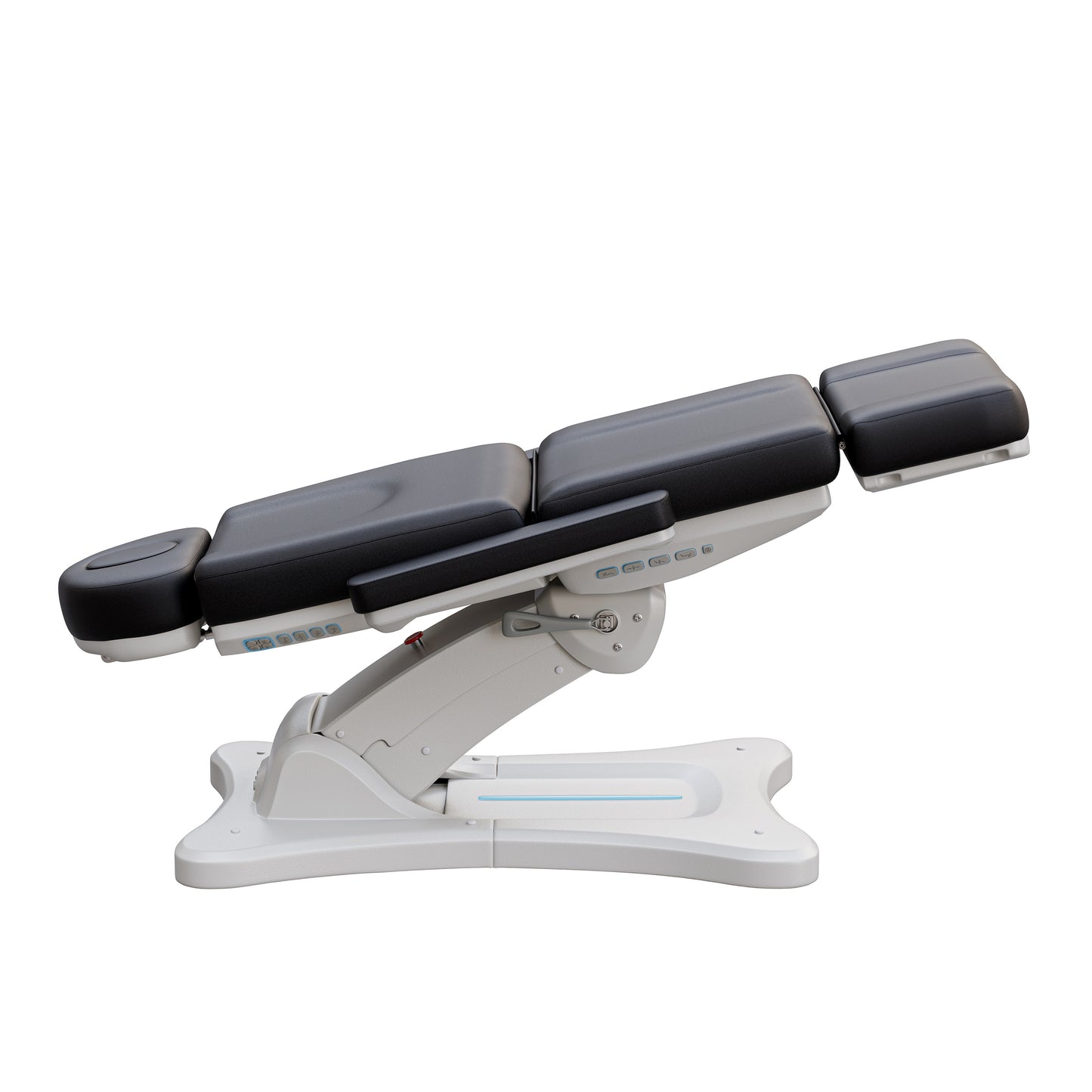 Spa Numa SERENITY 4 motor electric treatment chair in medical black vegan leather with 240-degree rotation, ADA-compliant 20-inch seat height, adjustable headrest, removable armrests, and LED-lit controls—ideal for aesthetic procedures, post-op evaluations, and outpatient treatments.