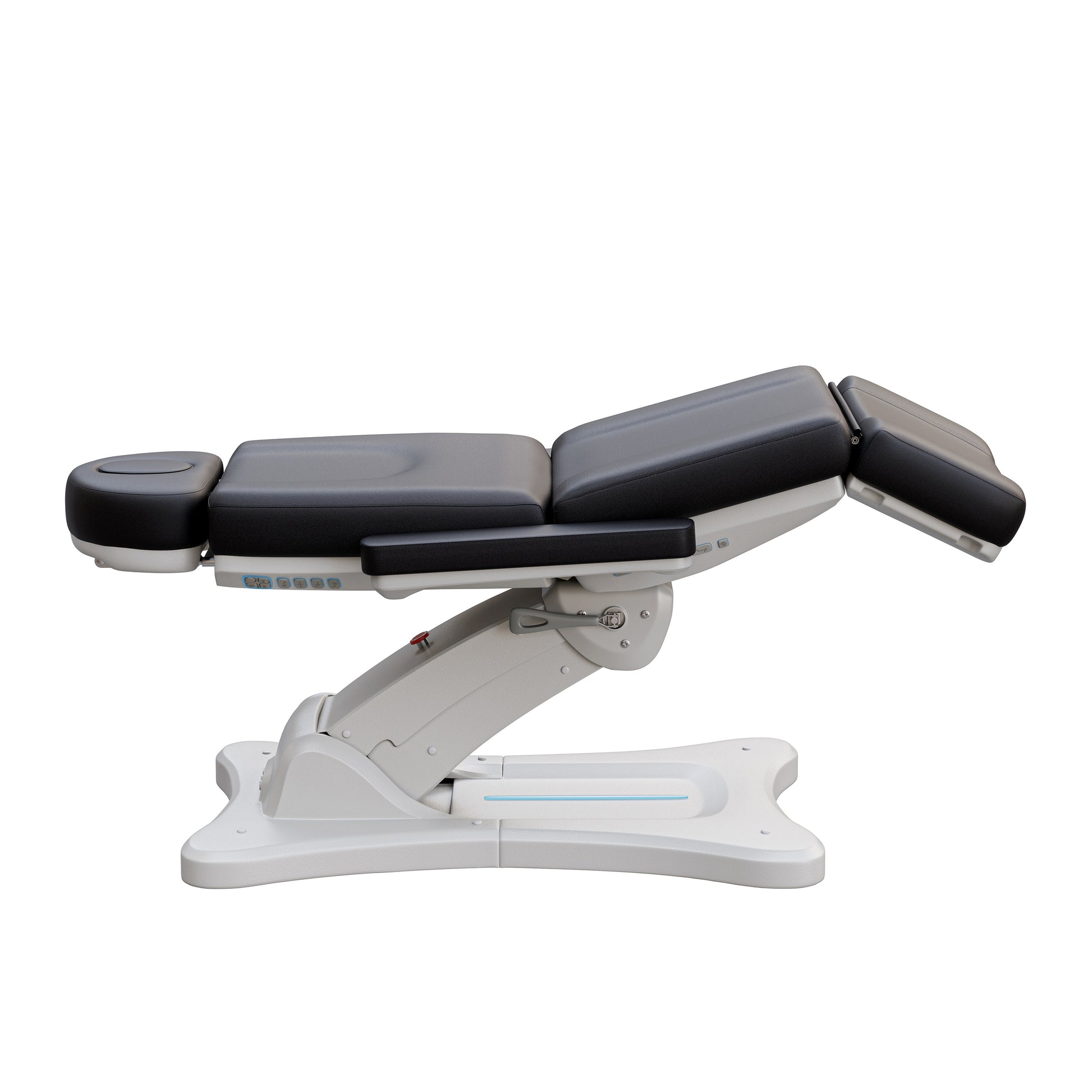 Spa Numa SERENITY 4 motor electric treatment chair in medical black vegan leather with 240-degree rotation, ADA-compliant 20-inch seat height, adjustable headrest, removable armrests, and LED-lit controls—ideal for aesthetic procedures, post-op evaluations, and outpatient treatments.