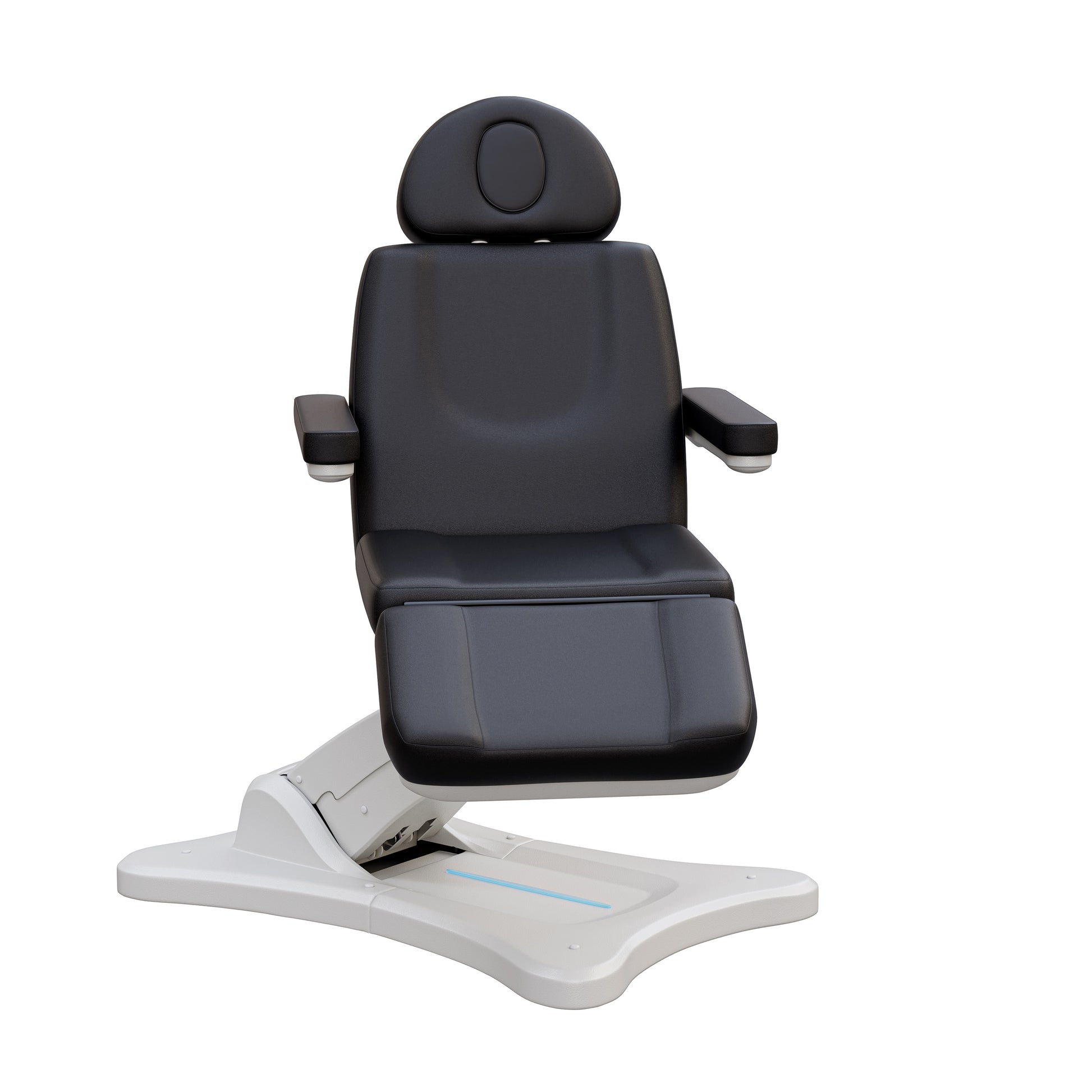 Spa Numa SERENITY 4 motor electric treatment chair in medical black vegan leather with 240-degree rotation, ADA-compliant 20-inch seat height, adjustable headrest, removable armrests, and LED-lit controls—ideal for aesthetic procedures, post-op evaluations, and outpatient treatments.