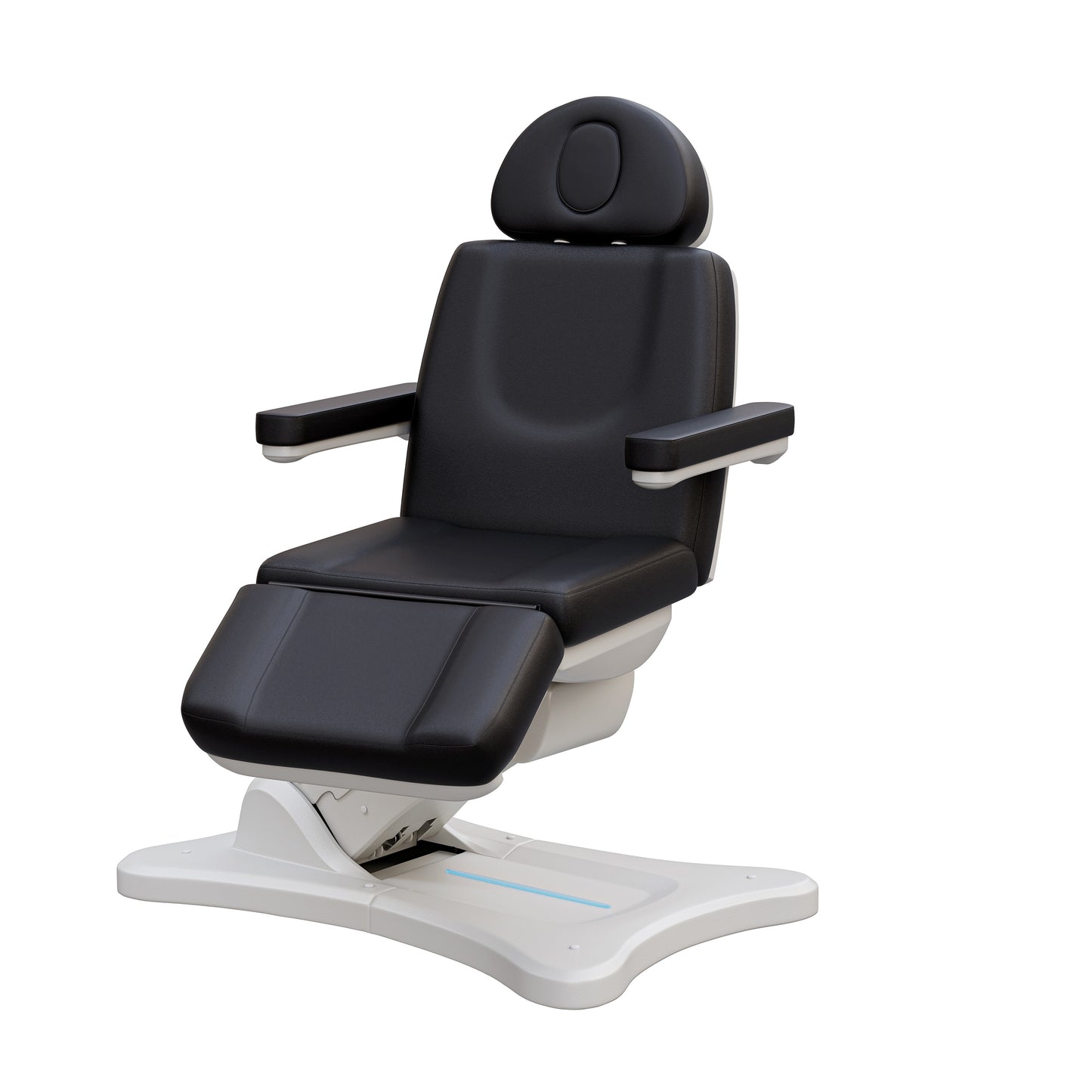 Spa Numa SERENITY 4 motor electric treatment chair in medical black vegan leather with 240-degree rotation, ADA-compliant 20-inch seat height, adjustable headrest, removable armrests, and LED-lit controls—ideal for aesthetic procedures, post-op evaluations, and outpatient treatments.