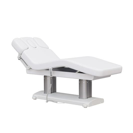 Spa Numa SOPHIE luxury 4 motor massage and facial bed with wide cushioned surface, adjustable height and backrest, massage armrests, and removable head cushion with face hole—ideal for premium spa and wellness treatments.