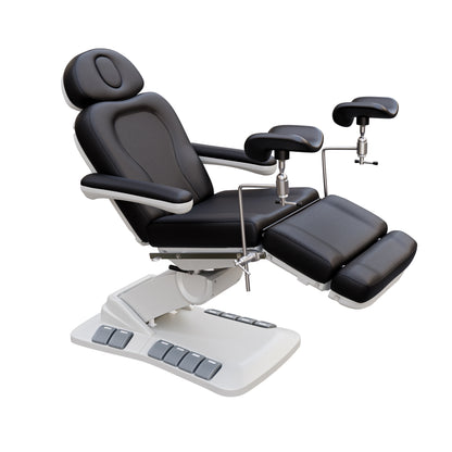Adjustable OB-GYN medical exam chair with stirrups, vegan leather upholstery, foot pedals, and memory controls for outpatient procedures.