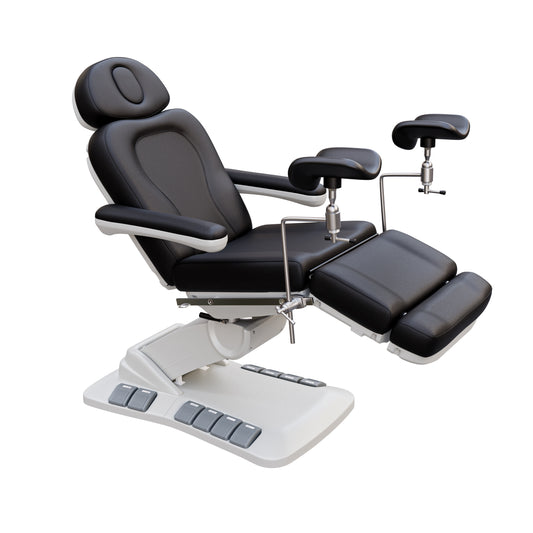 Adjustable OB-GYN medical exam chair with stirrups, vegan leather upholstery, foot pedals, and memory controls for outpatient procedures.