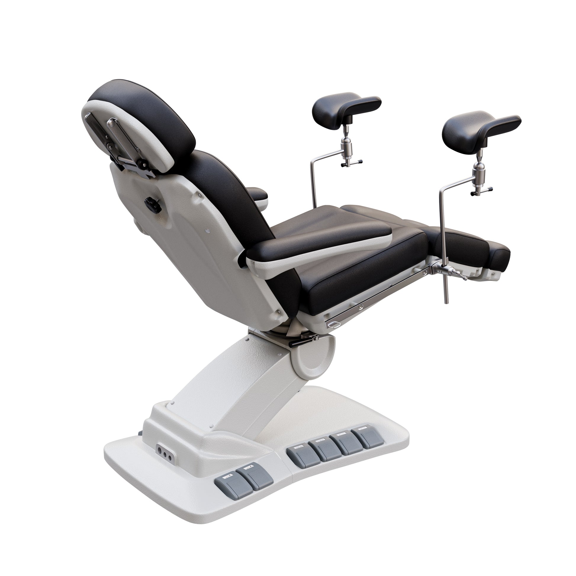 Adjustable OB-GYN medical exam chair with stirrups, vegan leather upholstery, foot pedals, and memory controls for outpatient procedures.