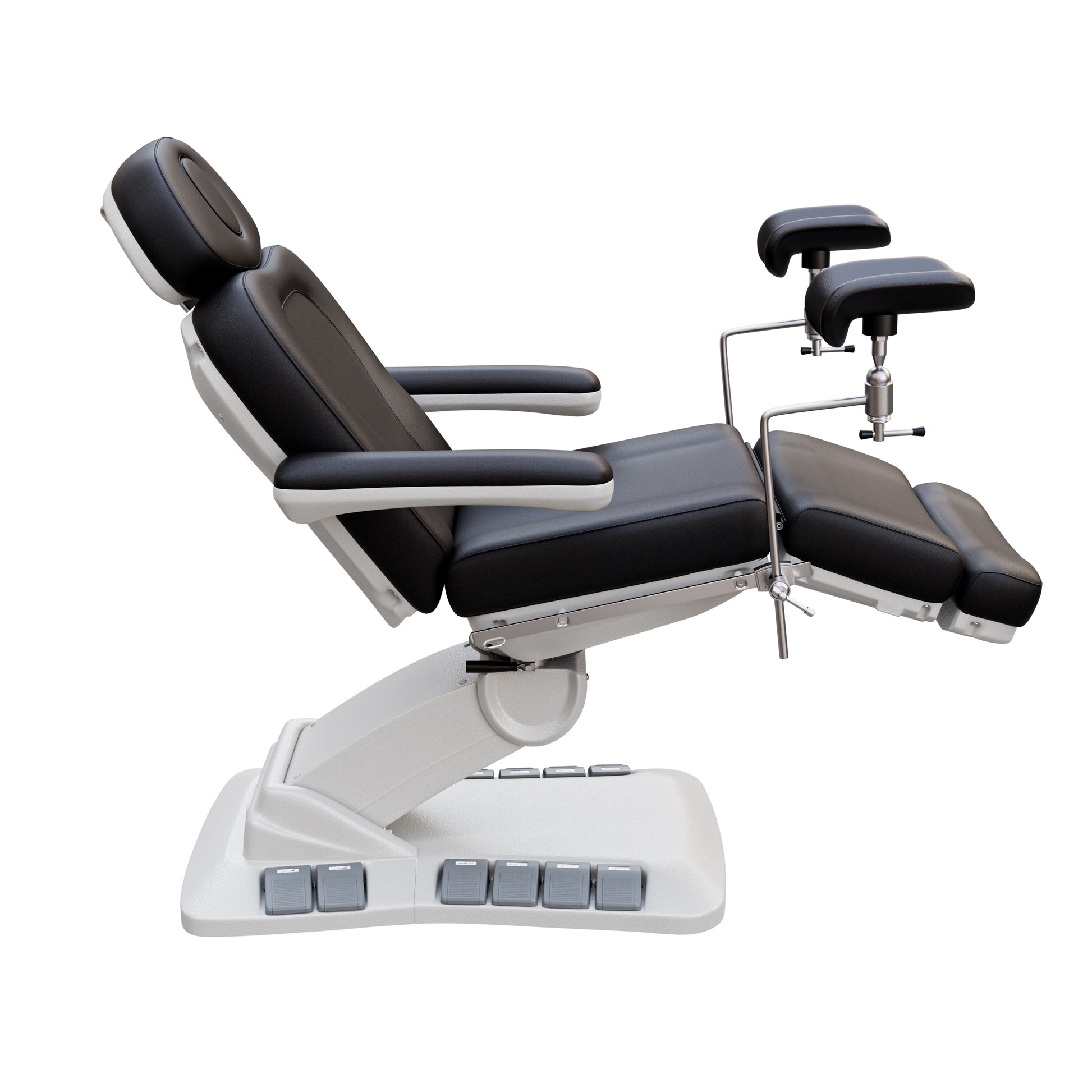 Adjustable OB-GYN medical exam chair with stirrups, vegan leather upholstery, foot pedals, and memory controls for outpatient procedures.