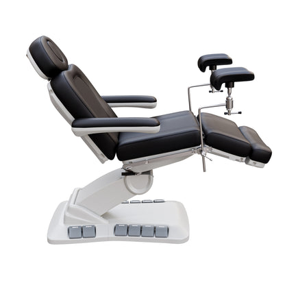 Adjustable OB-GYN medical exam chair with stirrups, vegan leather upholstery, foot pedals, and memory controls for outpatient procedures.