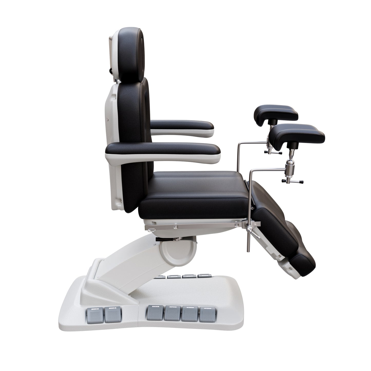 Adjustable OB-GYN medical exam chair with stirrups, vegan leather upholstery, foot pedals, and memory controls for outpatient procedures.