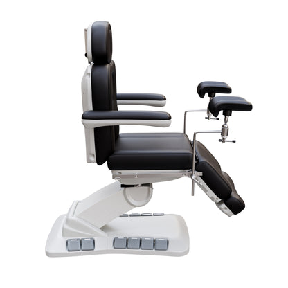 Adjustable OB-GYN medical exam chair with stirrups, vegan leather upholstery, foot pedals, and memory controls for outpatient procedures.