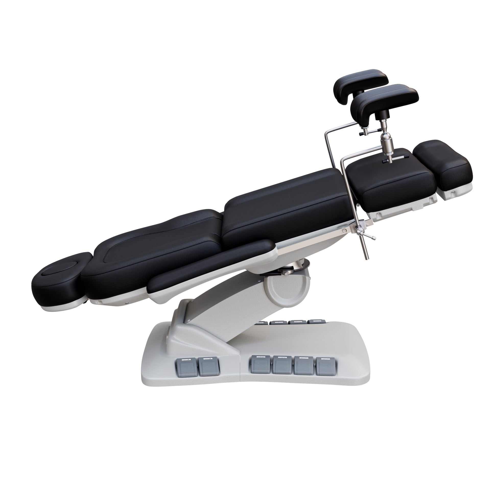 Adjustable OB-GYN medical exam chair with stirrups, vegan leather upholstery, foot pedals, and memory controls for outpatient procedures.