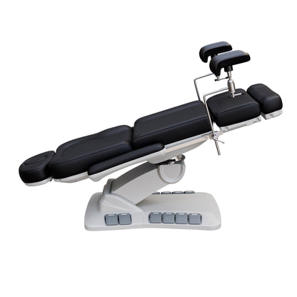 Adjustable OB-GYN medical exam chair with stirrups, vegan leather upholstery, foot pedals, and memory controls for outpatient procedures.